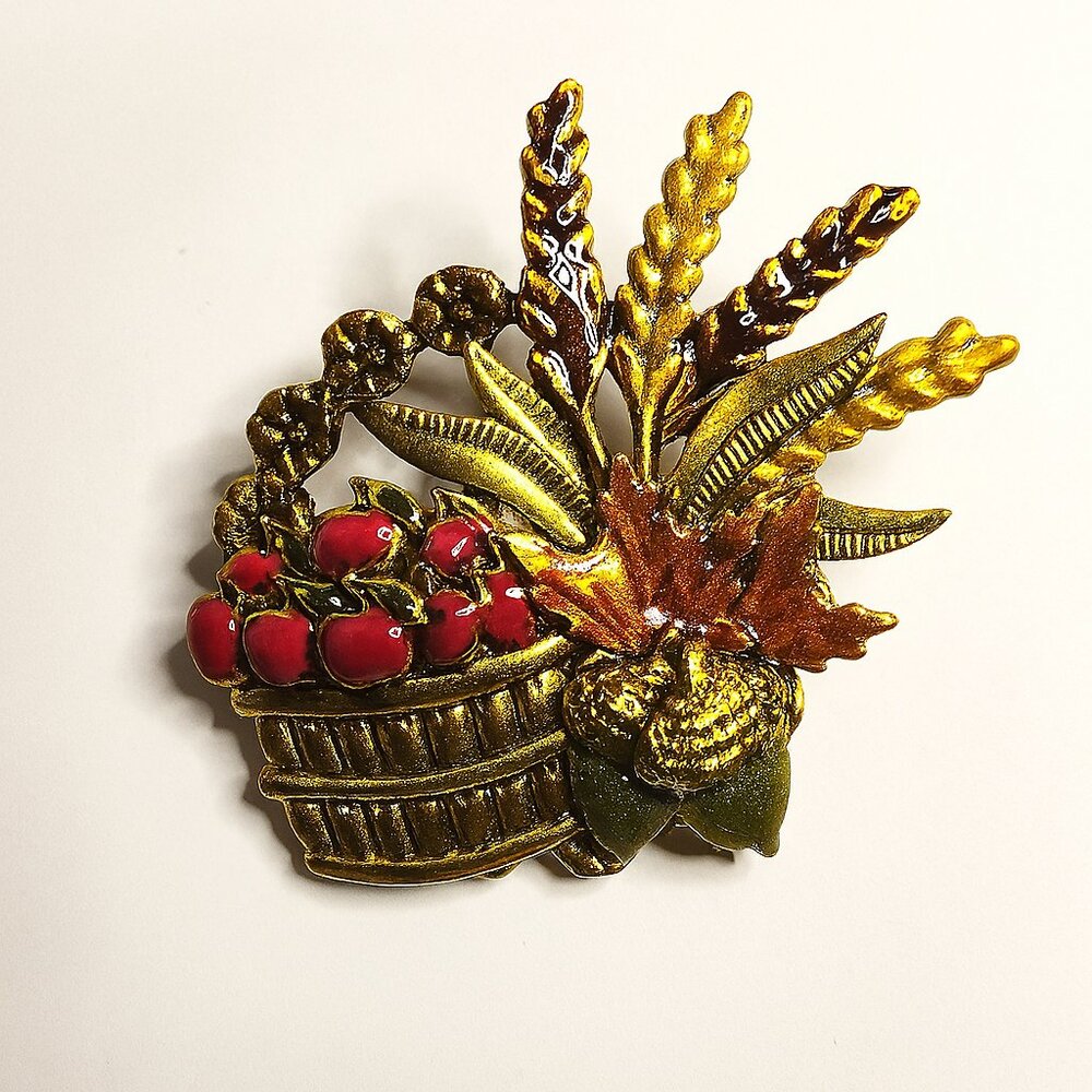 Vintage Kenneth Cole Layered Fall Harvest Wheat Apples Acorn Enamel Brooch